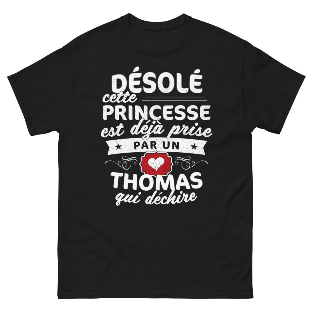 T-shirt prénom Thomas noir - princesse déjà prise, humour espiègle