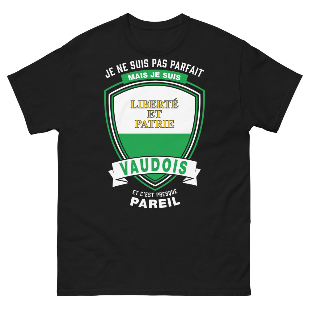 T-shirt Vaudois noir - Je ne suis pas parfait, mais je suis liberté et patrie vaudois