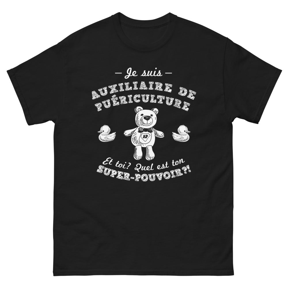 T-shirt Auxiliaire de puériculture noir - Quel est ton super-pouvoir ?