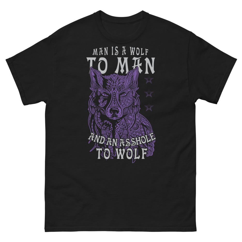T-shirt citation 'Man is a Wolf' noir - phrase provocante
