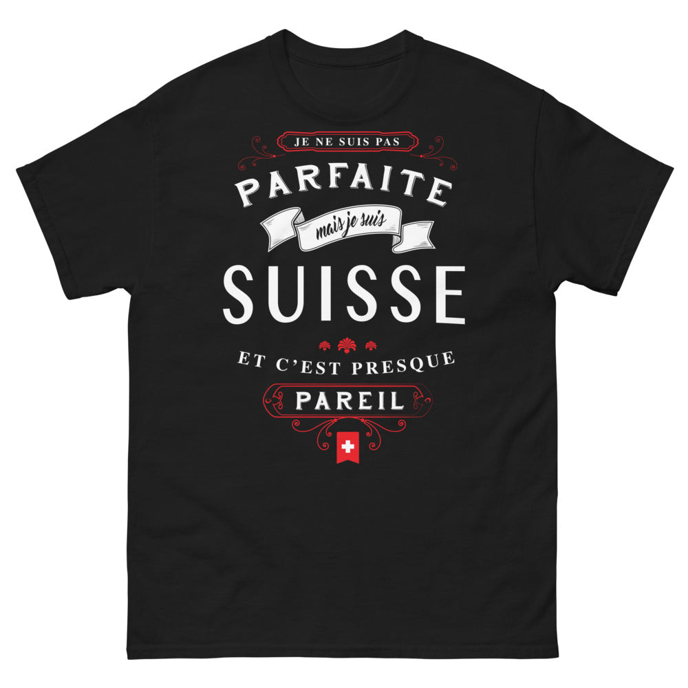 T-shirt Suisse noir - Je ne suis pas parfaite mais je suis Suisse