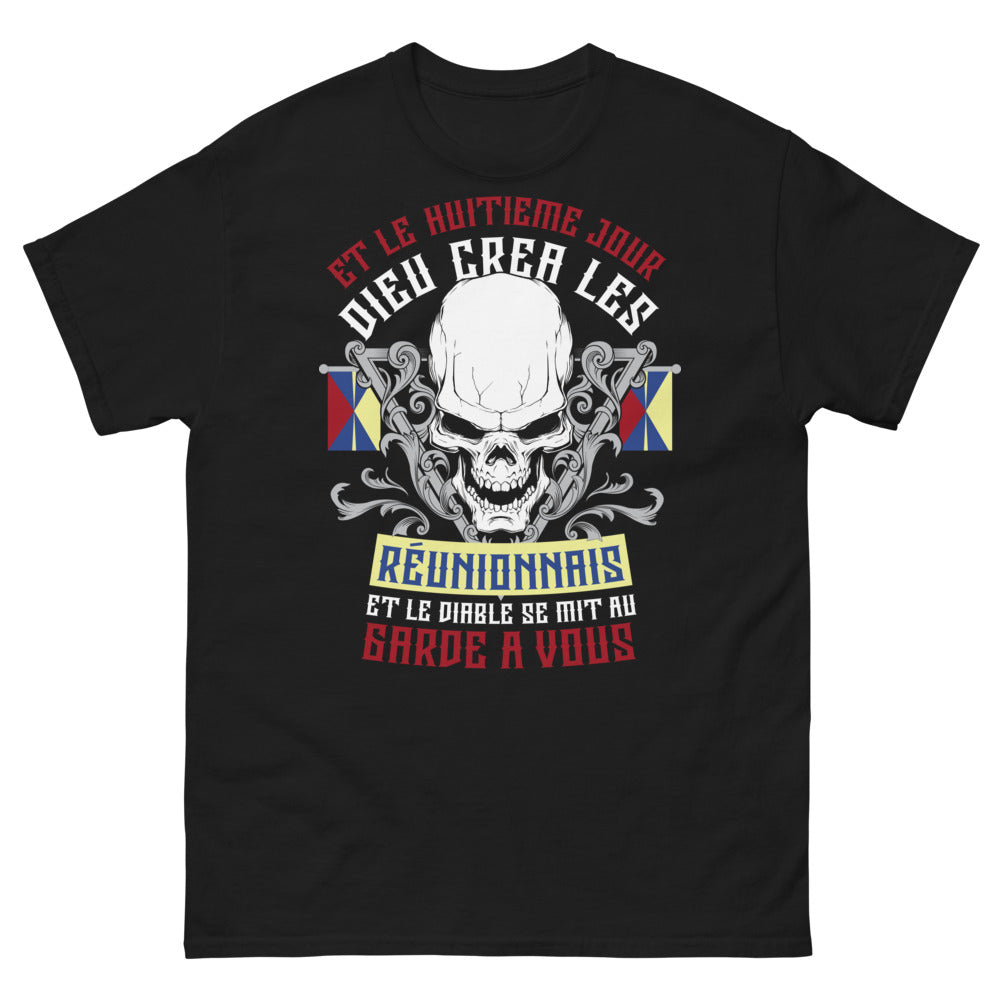 T-shirt Réunionnais noir - Dieu créa les Réunionnais, diable au garde-à-vous