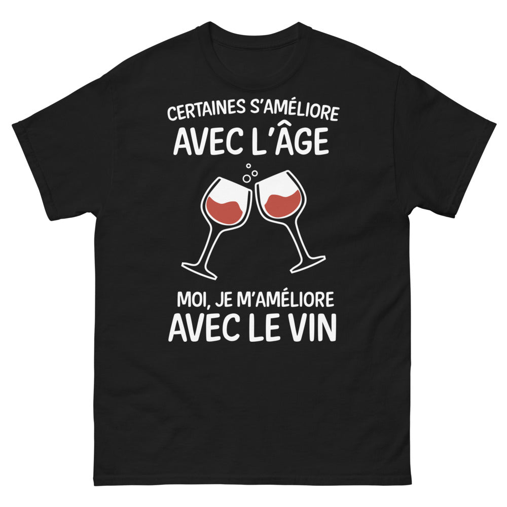 T-shirt vin et vieillesse noir face - on s'améliore avec l'âge