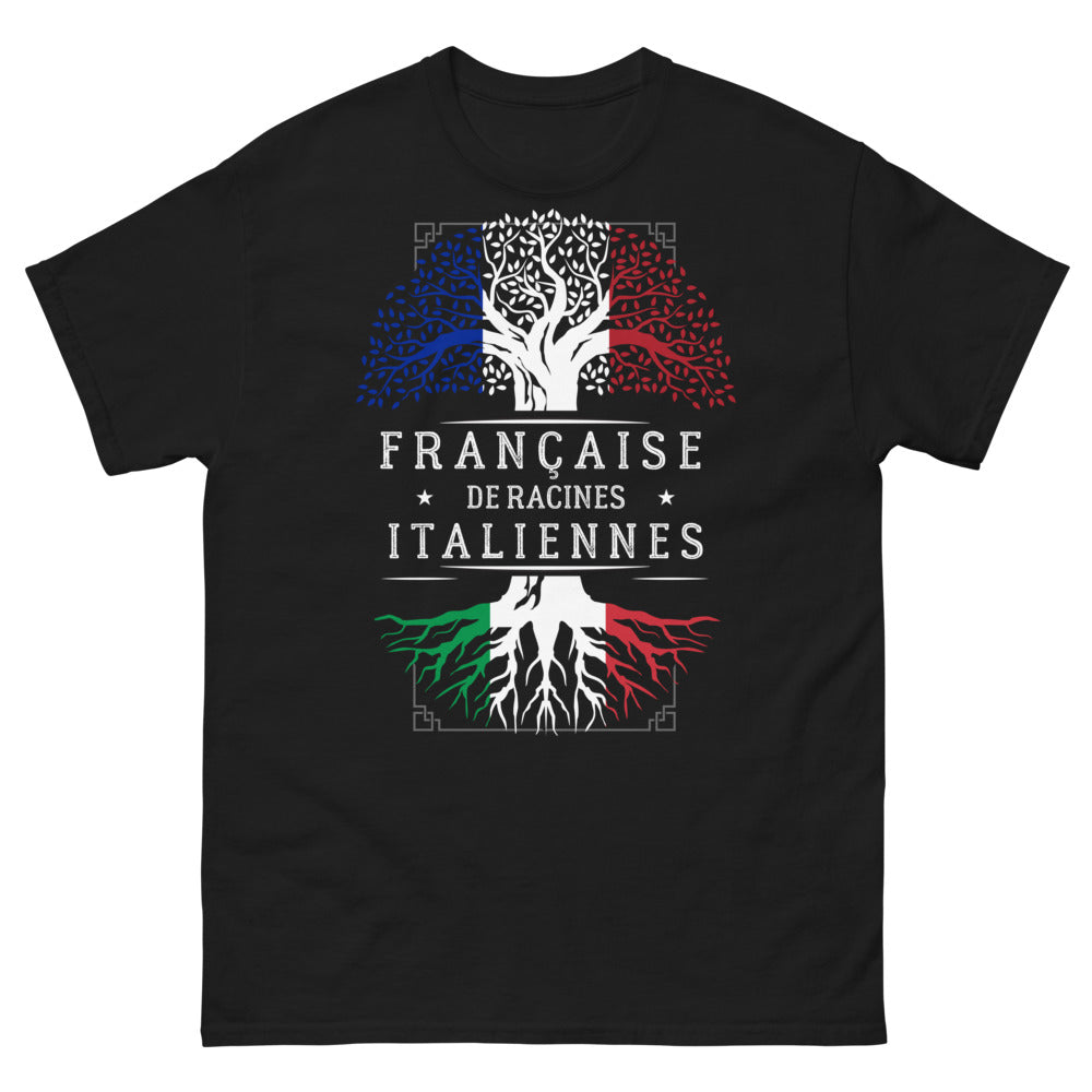 T-shirt Française de Racines Italiennes noir - double culture pasta et fromage