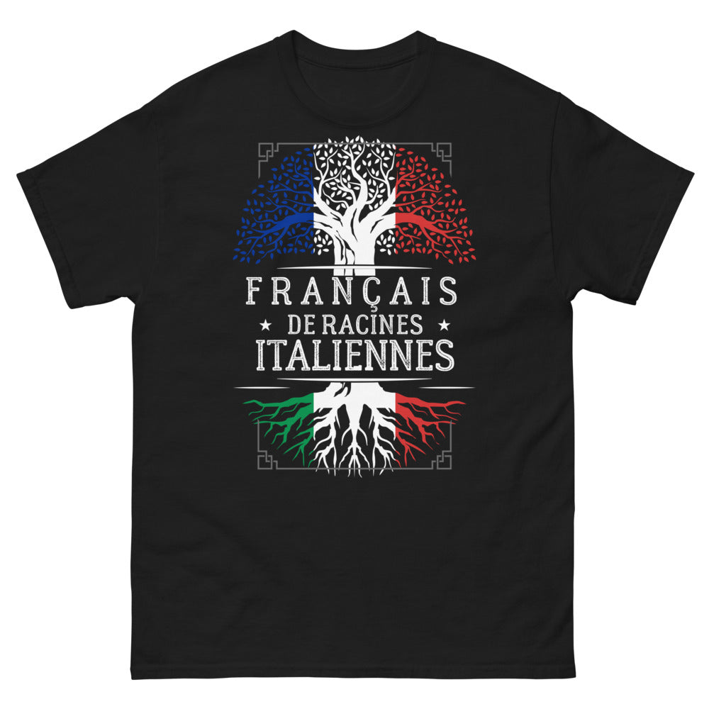 T-shirt Français de Racines Italiennes noir - humour franco-italien