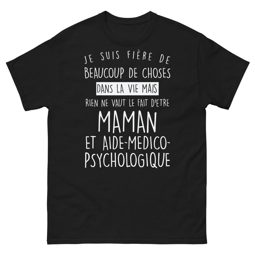 T-shirt Maman et aide médico-psychologique noir - fierté et dévouement