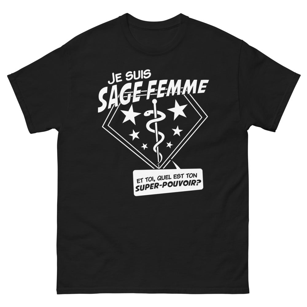 T-shirt sage-femme noir - quel est ton super pouvoir ?