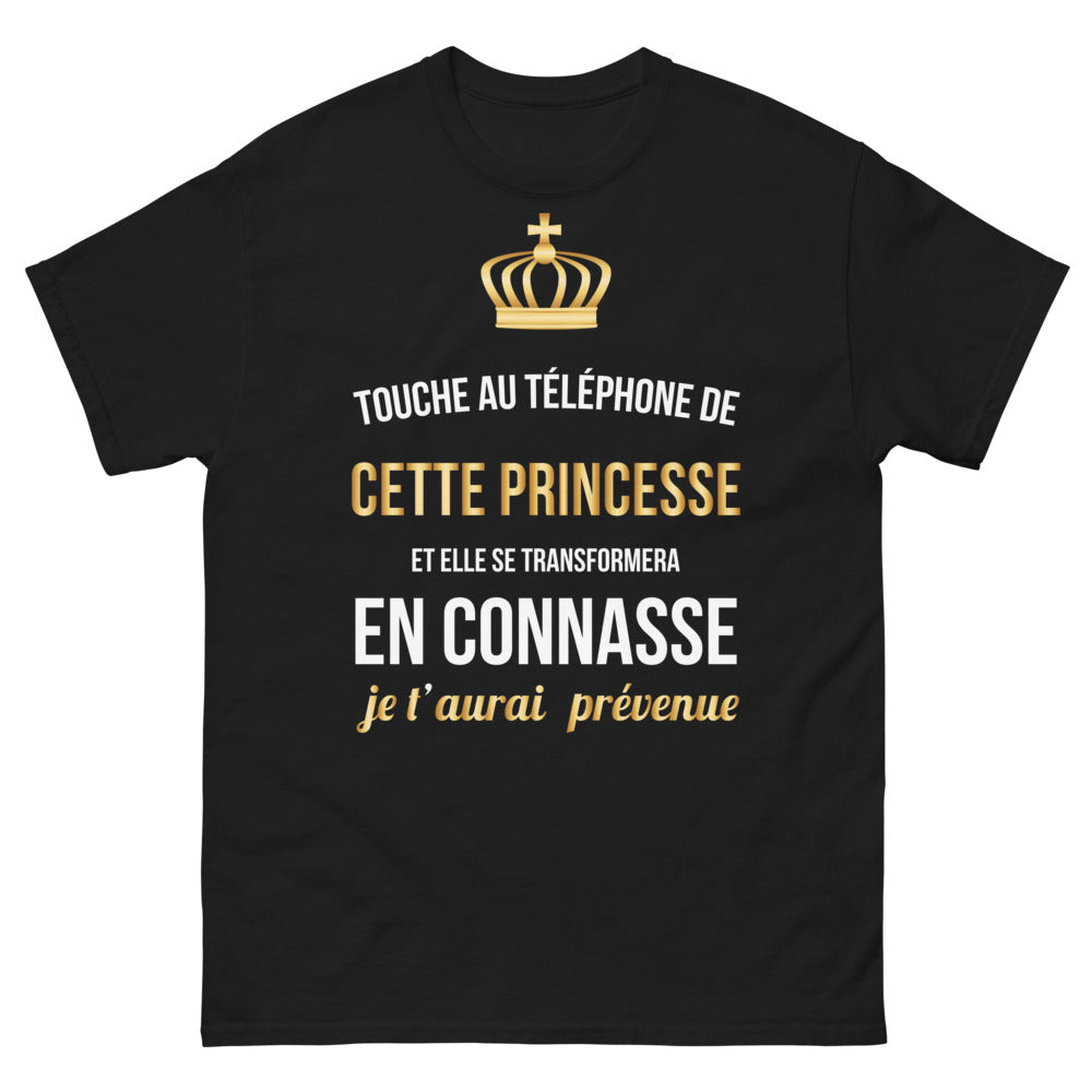 T-shirt Princesse transformée en connasse noir face - Touche au téléphone de cette princesse