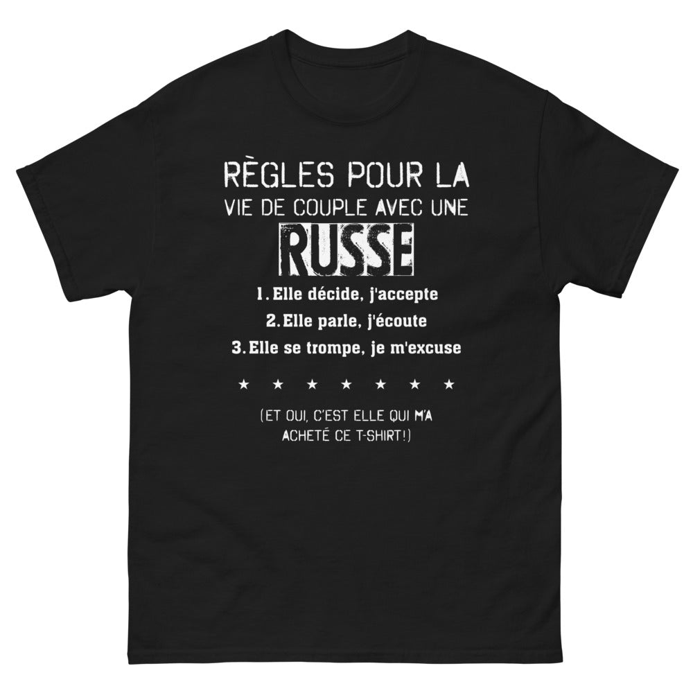 T-shirt Règles de Vie de Couple avec une Russe noir - humour décalé