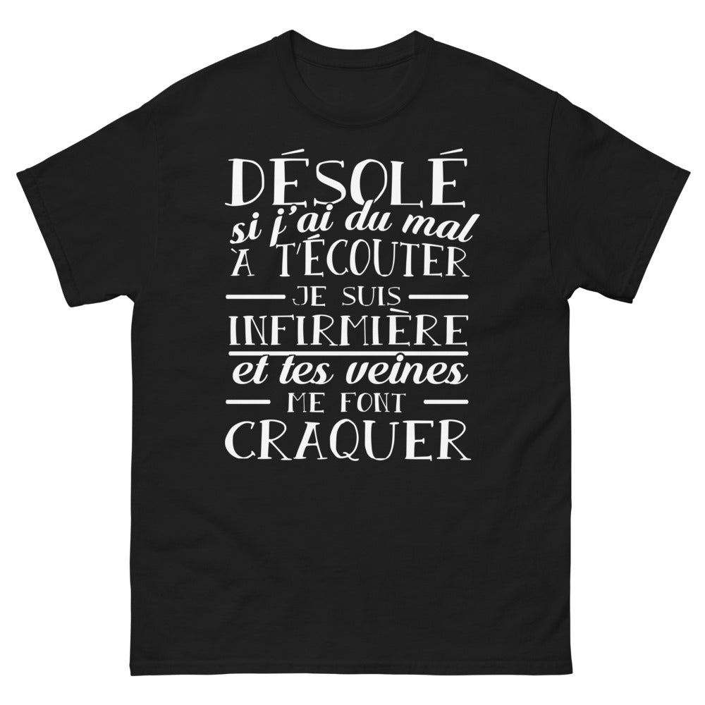 T-shirt infirmière noir - Désolé, j'ai du mal à t'écouter