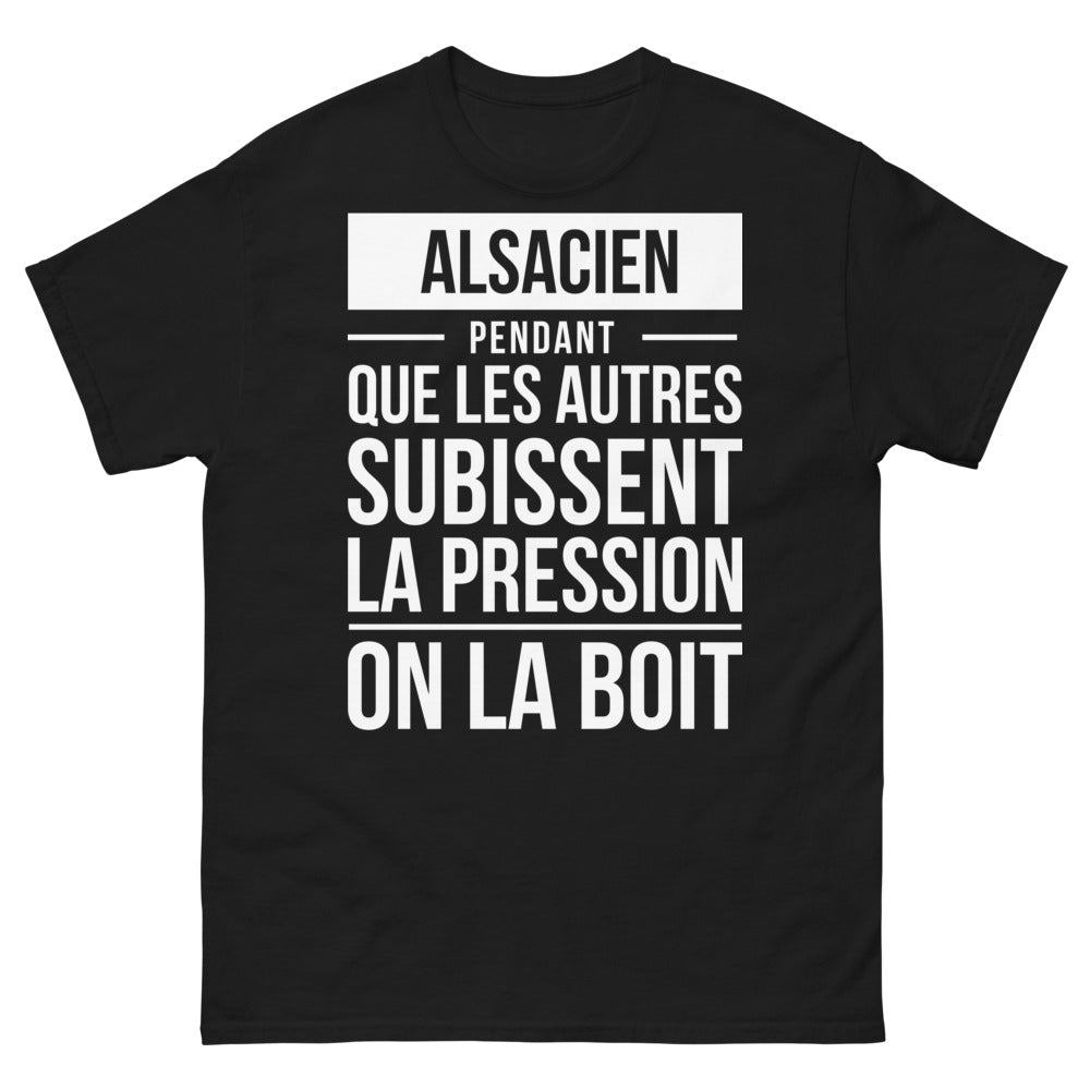 T-shirt Alsacien noir - Pendant que les autres subissent la pression, on la boit