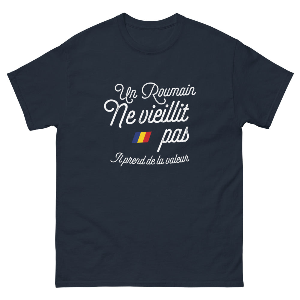 T-shirt Roumain noir dos - Un Roumain ne vieillit pas, il prend de la valeur