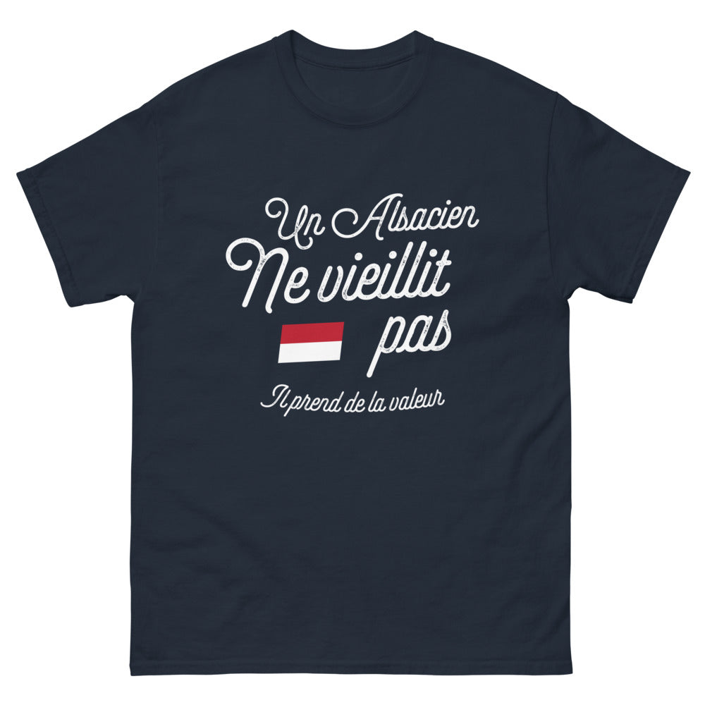 T-shirt Alsacien marine - Un Alsacien ne vieillit pas, il prend de la valeur