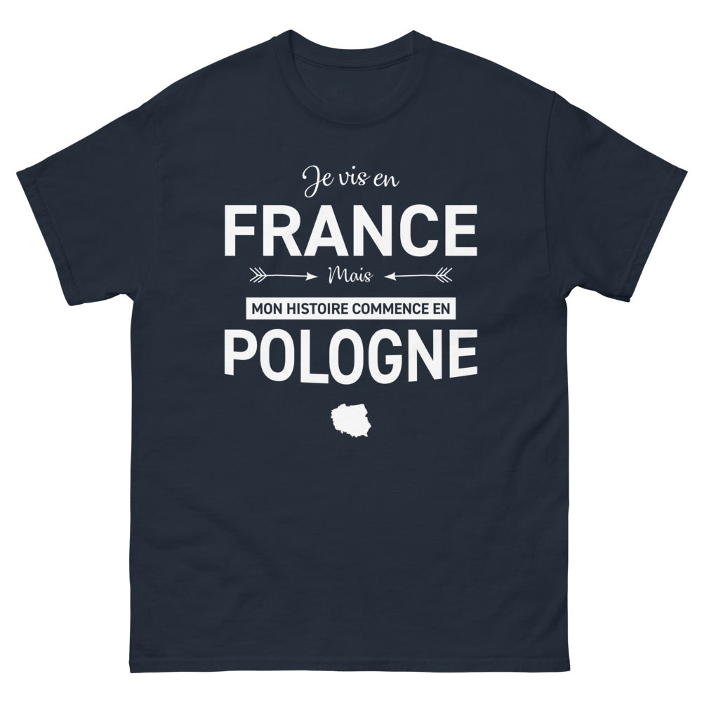 T-shirt Pologne marine - Je vis en France mais mon histoire commence