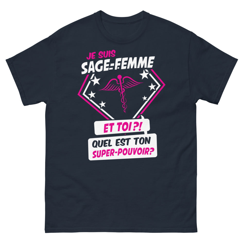 T-shirt Sage-femme marine - Quel est ton super pouvoir ?