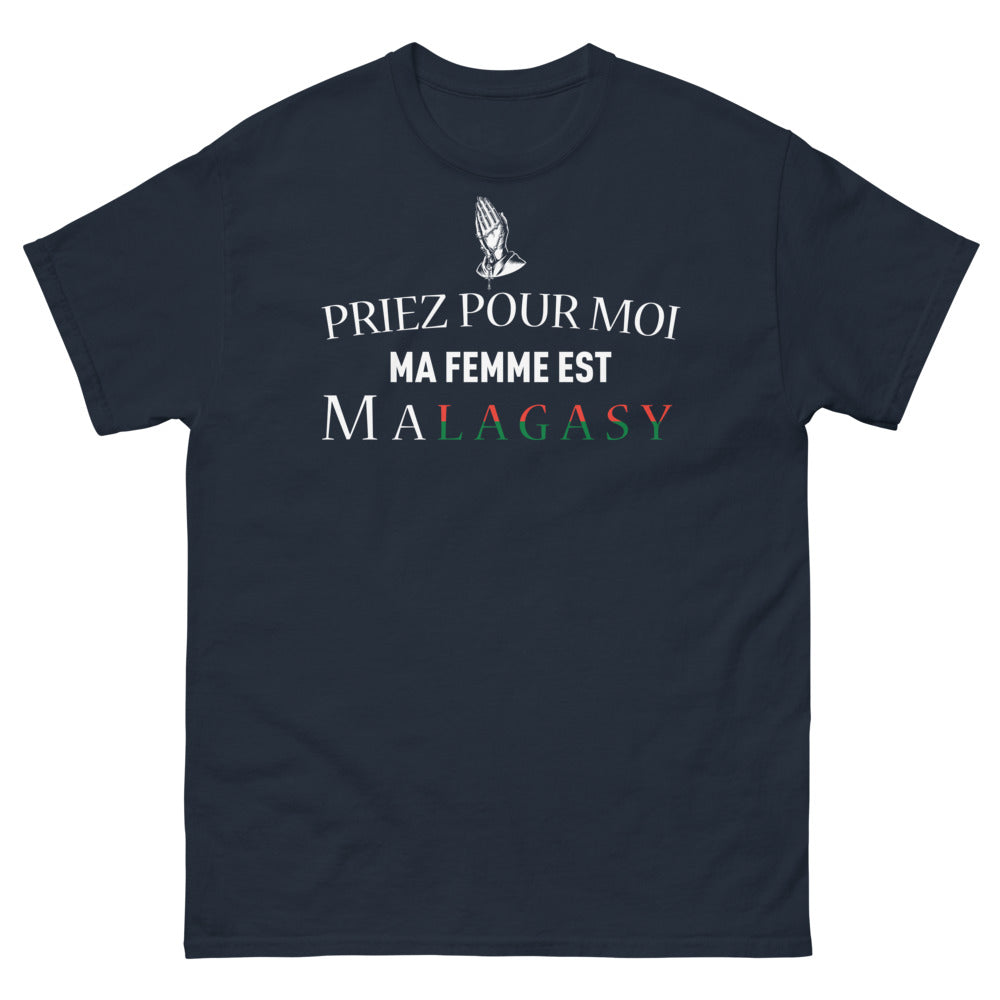 T-shirt Madagascar marine - Priez pour moi, ma femme est Malgache