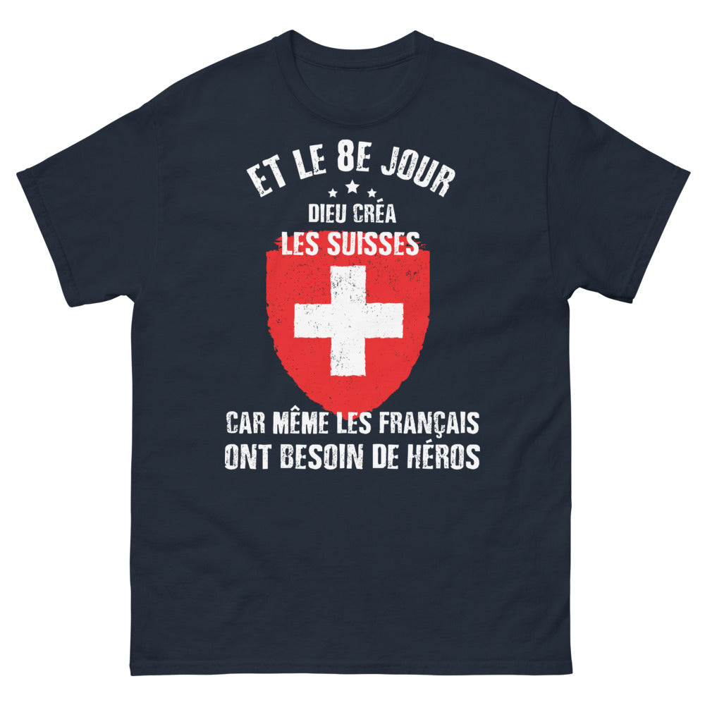 T-shirt Suisse marine - Dieu créa les Suisses avec humour
