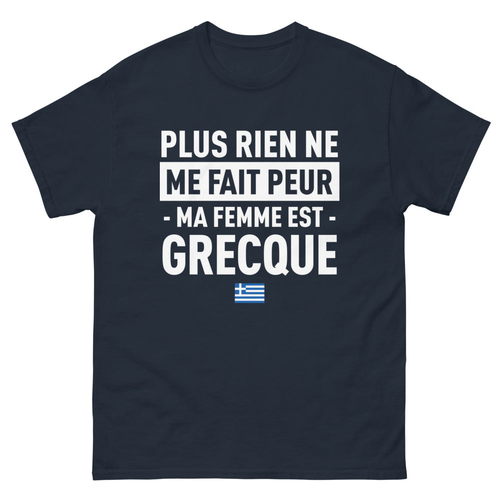 T-shirt humour grec marine - Je n'ai peur de rien, ma femme est grecque