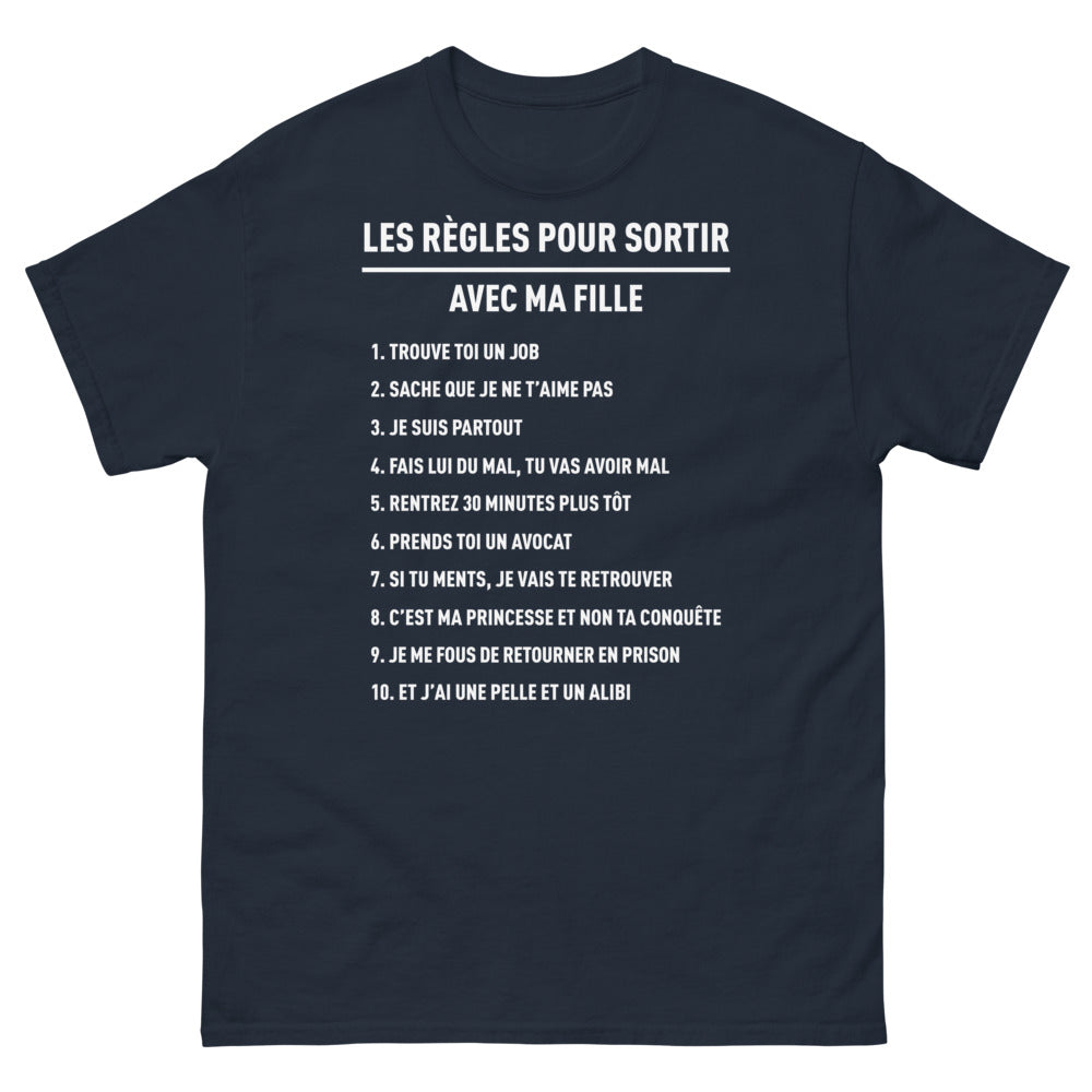 T-shirt humour noir dos - Les règles pour sortir avec ma fille