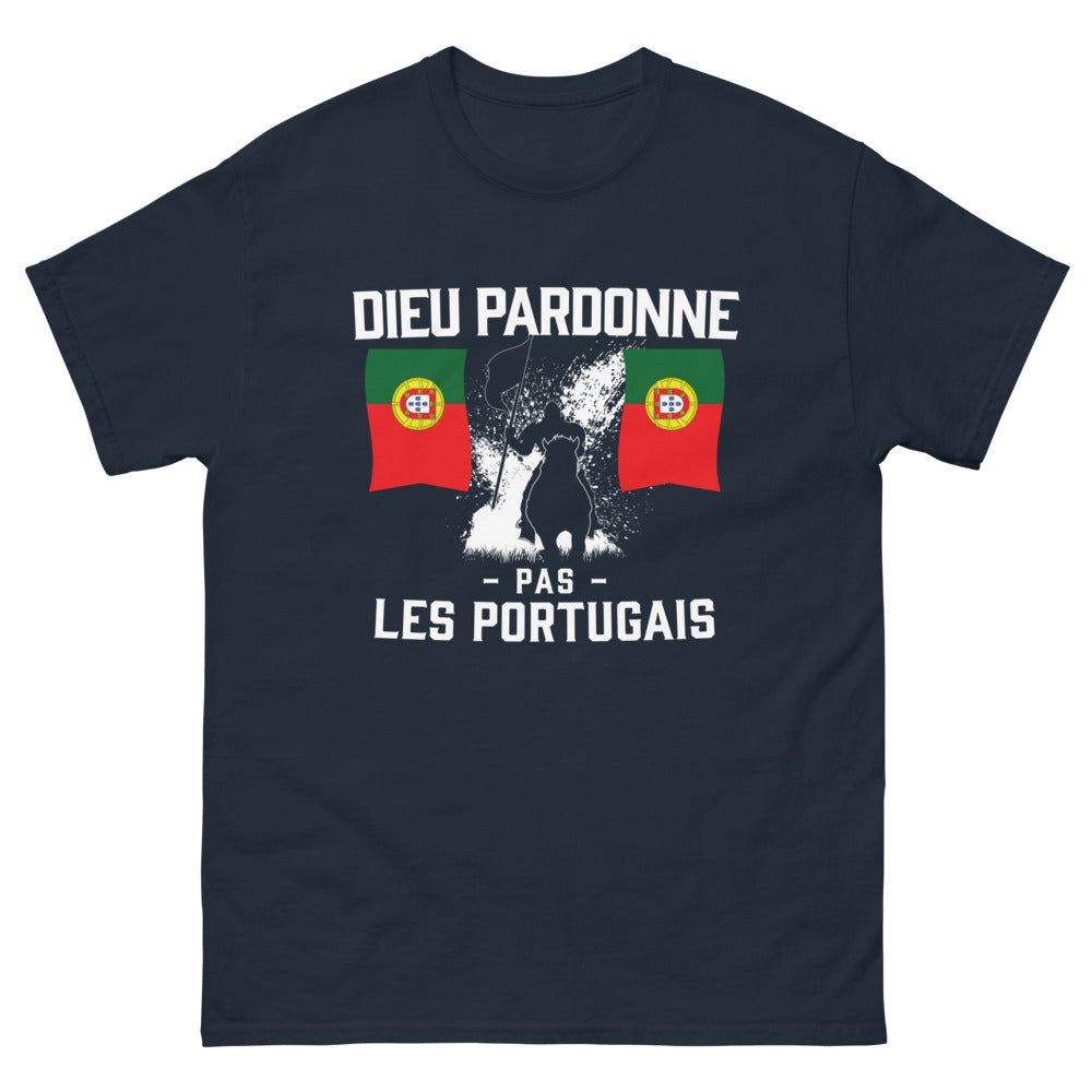 T-shirt humour portugais marine - Dieu pardonne pas les Portugais