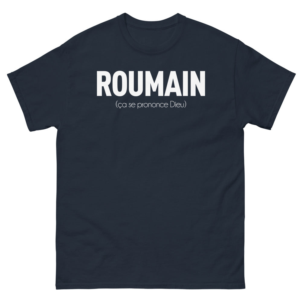 T-shirt Roumain marine - On prononce Dieu avec humour