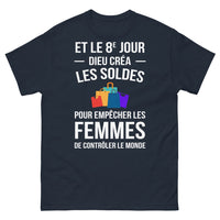 Thumbnail for T-shirt féministe noir dos - et le 8e jour, Dieu créa les soldes