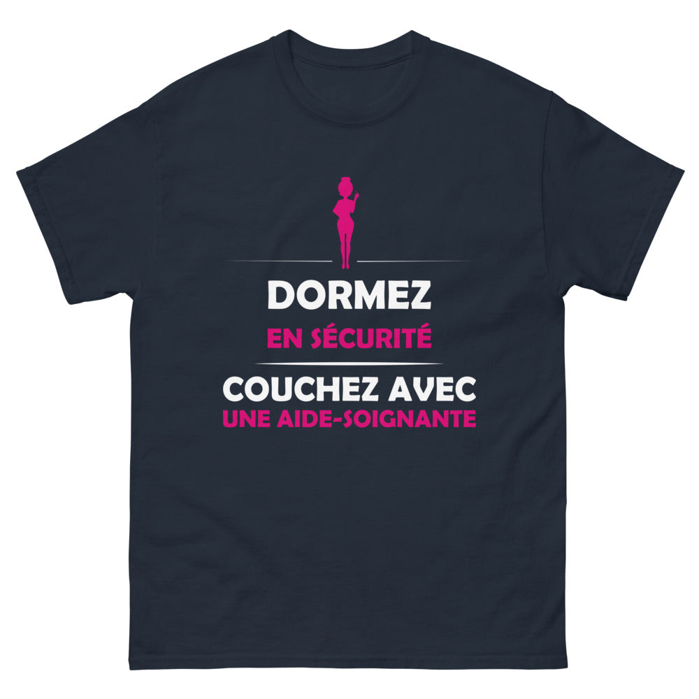 T-shirt Aide-Soignante marine - Dormez en sécurité, couchez avec une aide-soignante