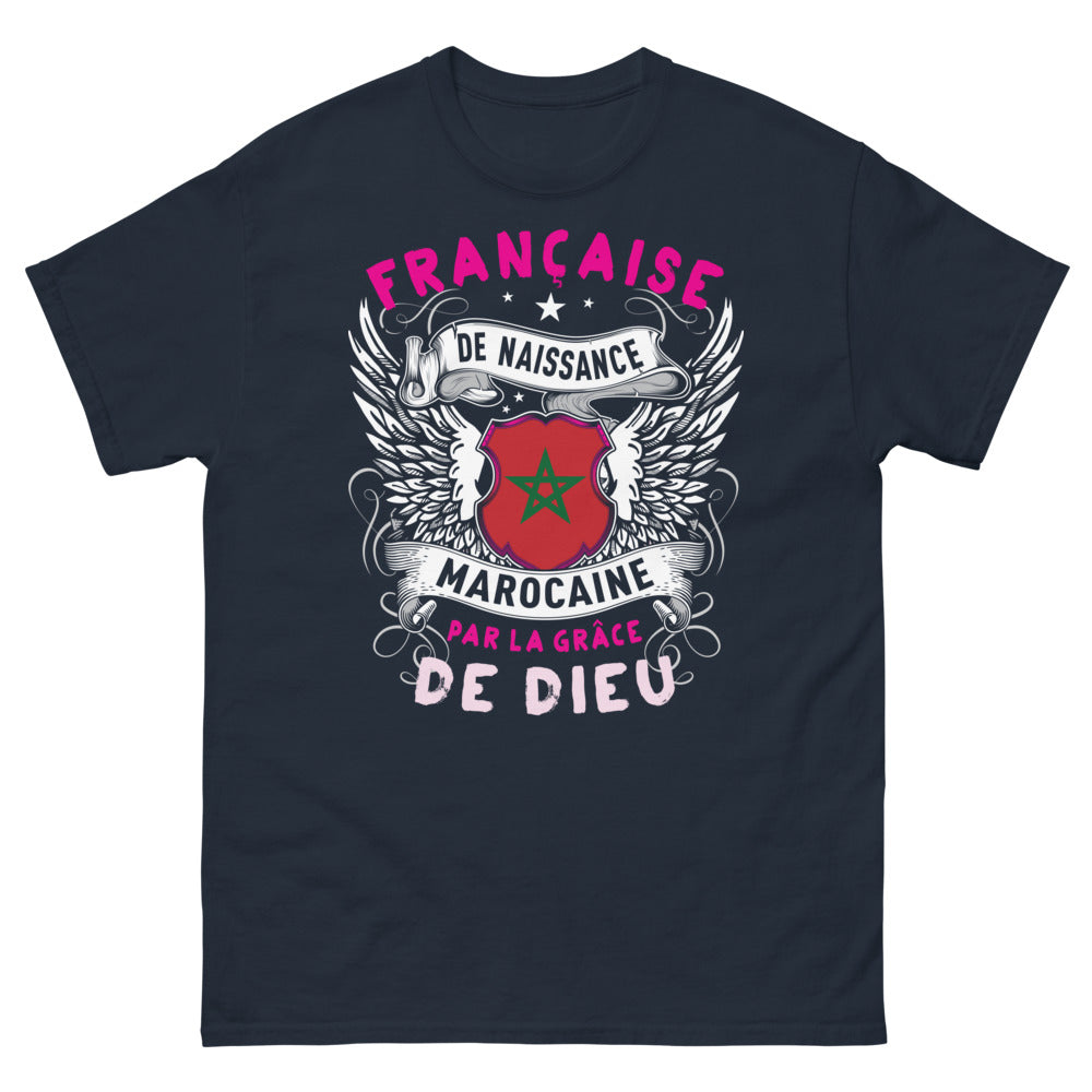T-shirt franco-marocain bleu marine - Femme française, marocaine, grâce de Dieu