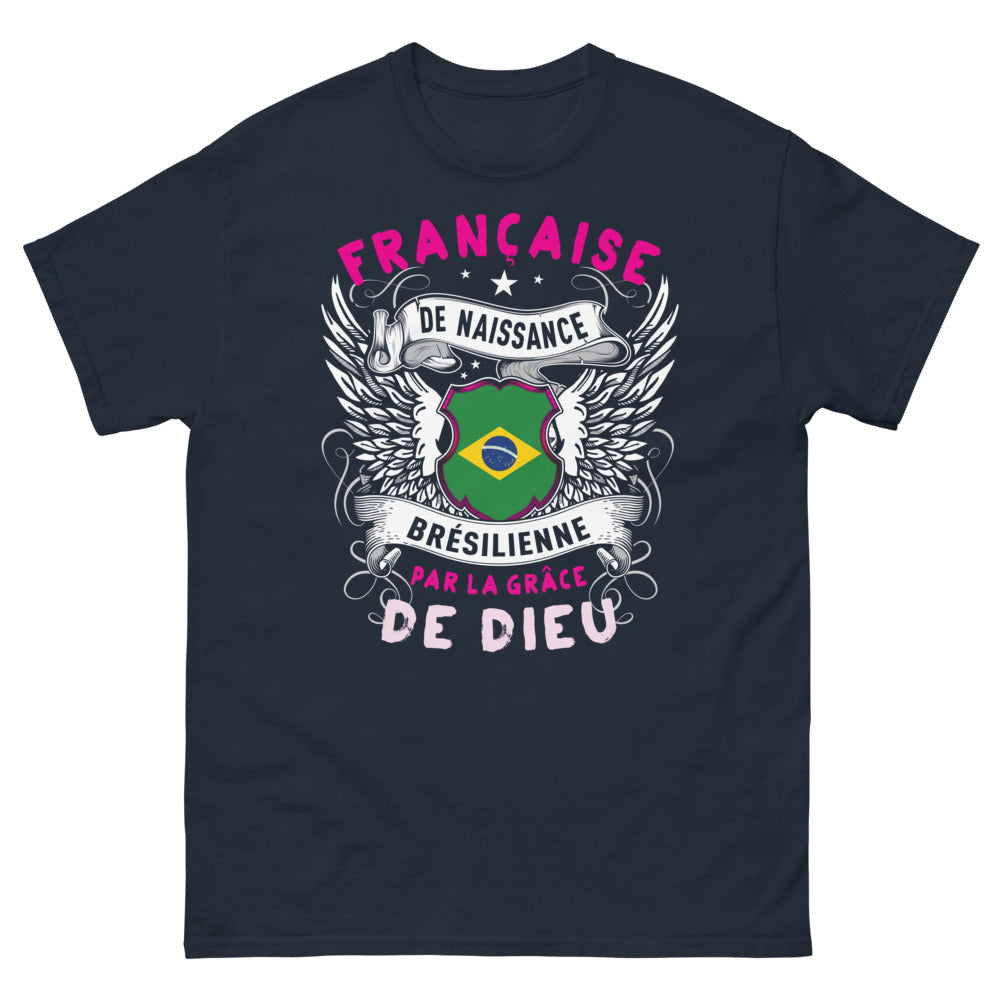 T-shirt France x Brésil bleu marine - Française de naissance, Brésilienne par grâce de Dieu