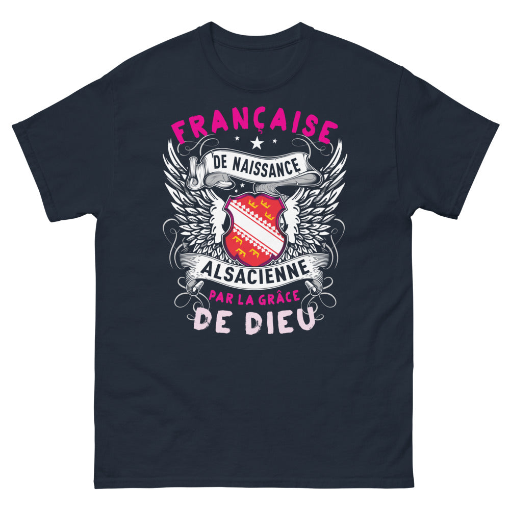 T-shirt Alsace bleu marine - Française de naissance, Alsacienne par la grâce de Dieu