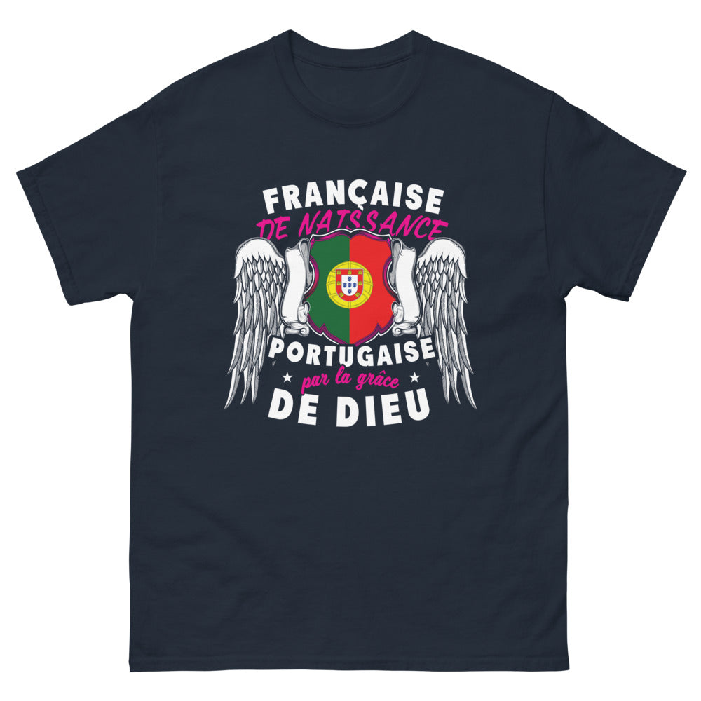 T-shirt France Portugal bleu marine - Française de naissance, Portugaise par la grâce de Dieu