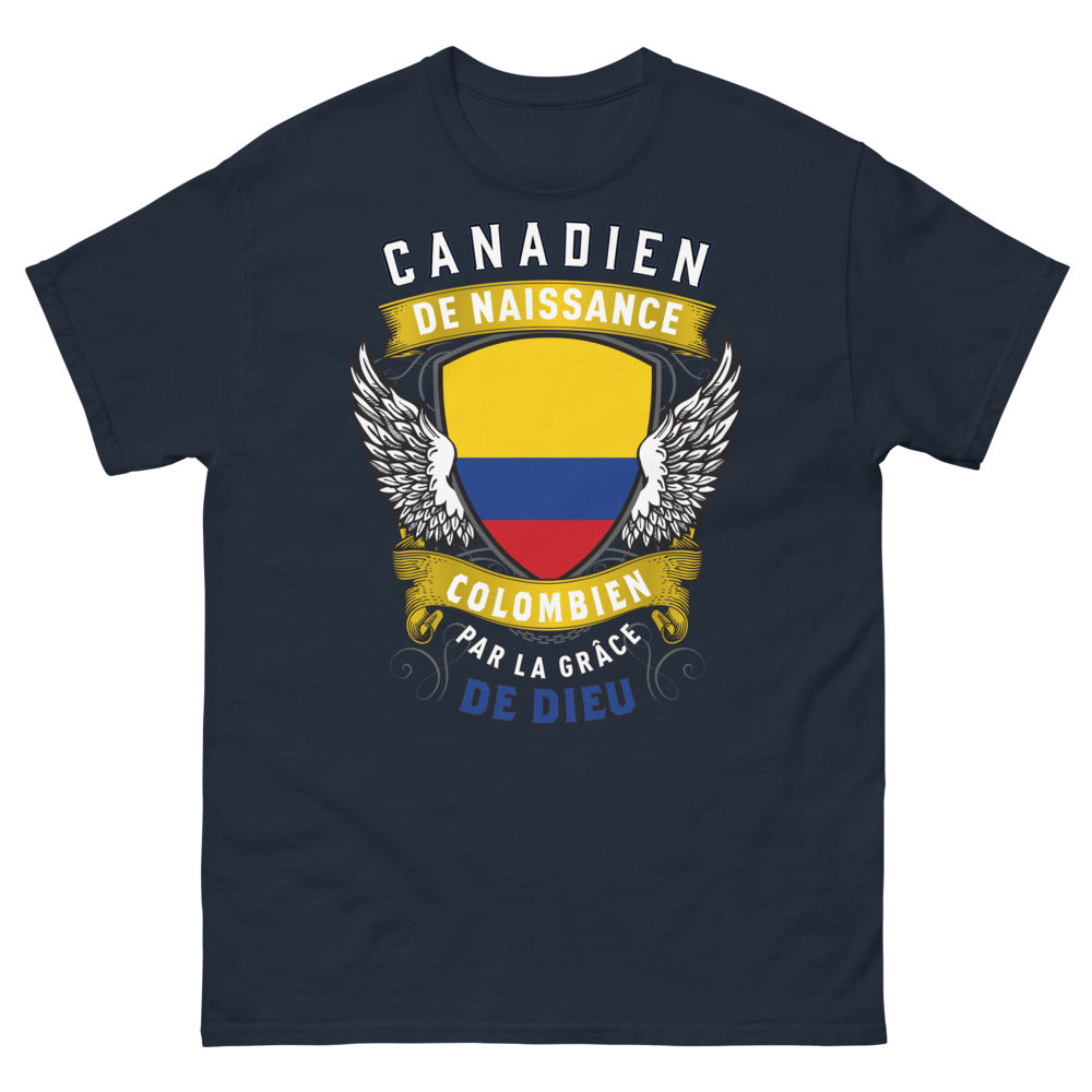 T-shirt Canada Colombie bleu marine - Canadiens de naissance, Colombiens par la grâce de Dieu