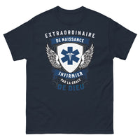 Thumbnail for T-shirt infirmier bleu marine - Extraordinaire de naissance, grâce de Dieu