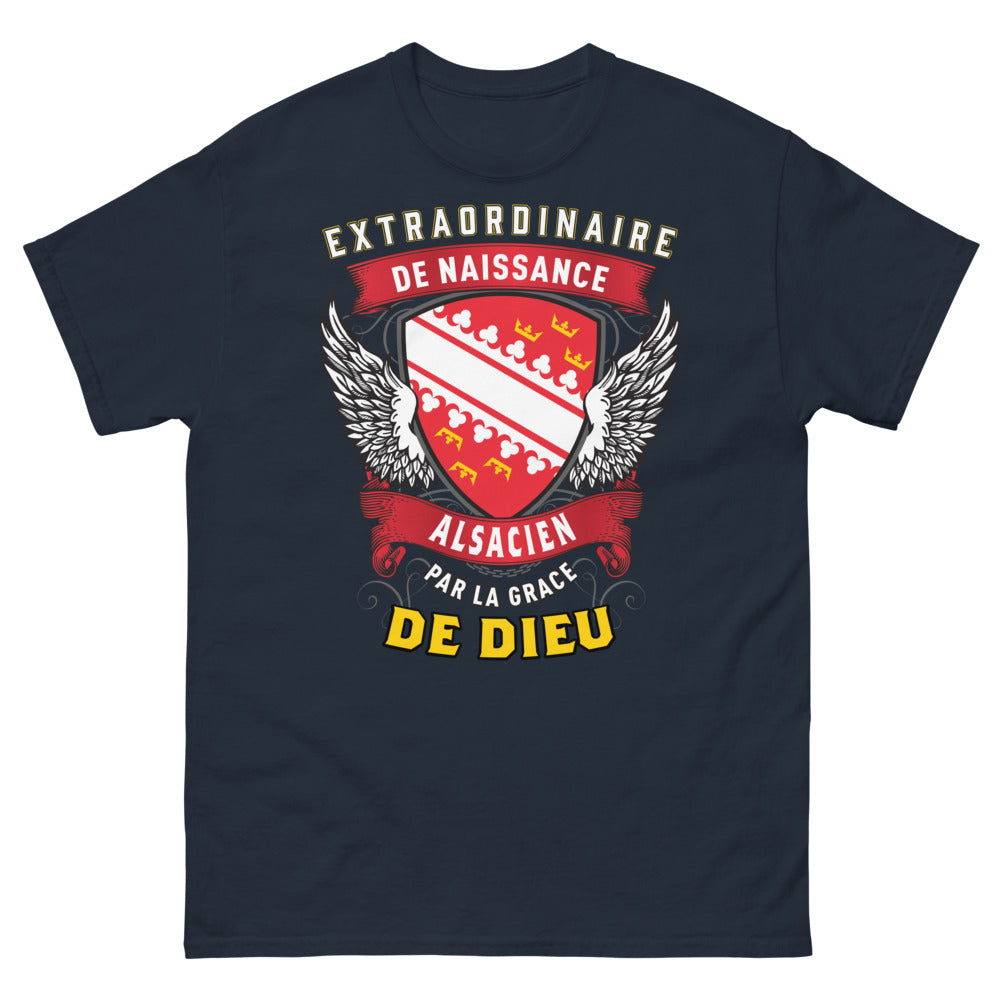 T-shirt Alsace marine - Alsacien de naissance, par la grâce de Dieu