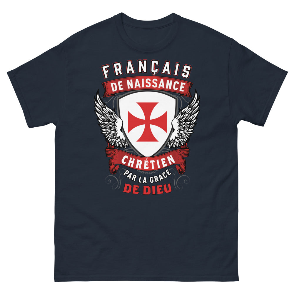 T-shirt France chrétien bleu marine - Français de naissance, par grâce