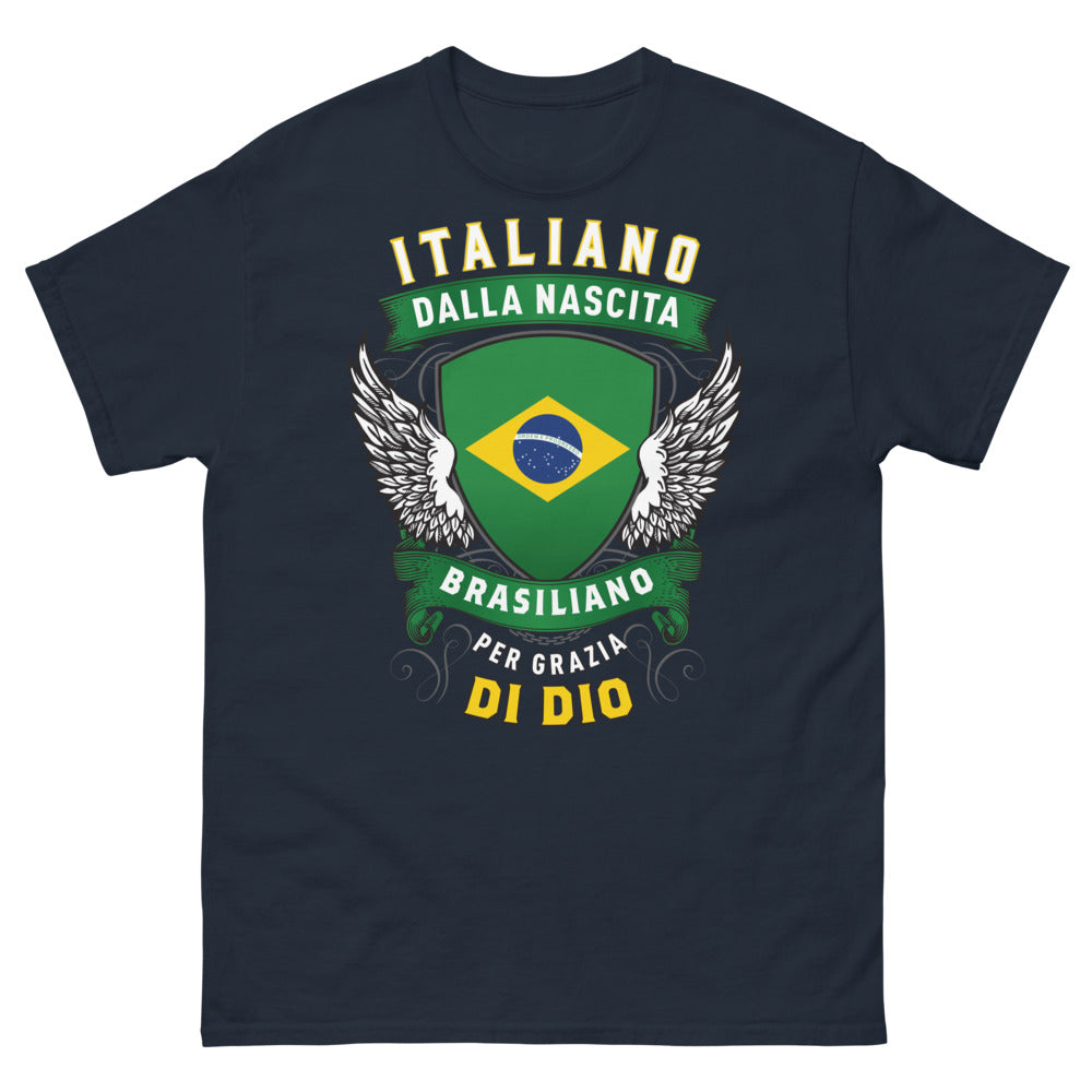 T-Shirt Italia Brasile blu - Italiano dalla Nascita, Brasiliano per Grazia di Dio