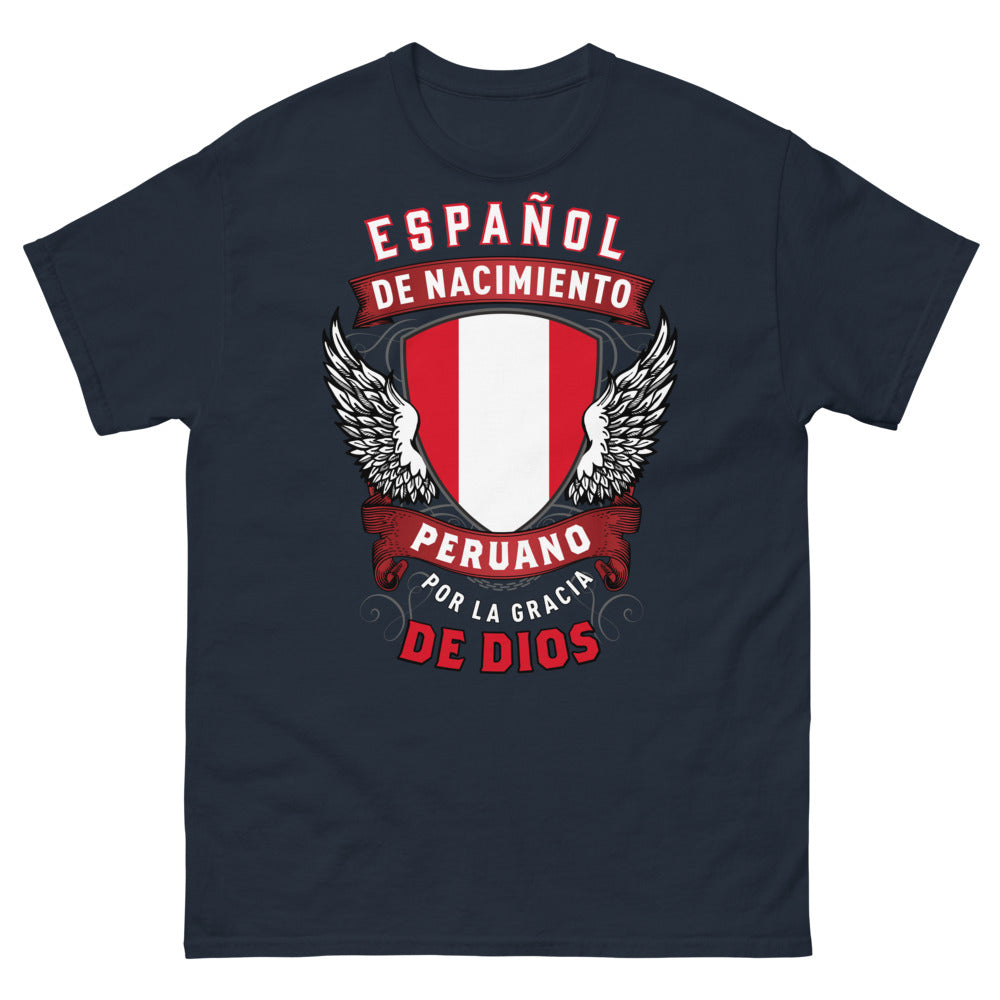 T-shirt Espagne & Pérou bleu marine - Española de Nacimiento, Peruano por la Gracia de Dios