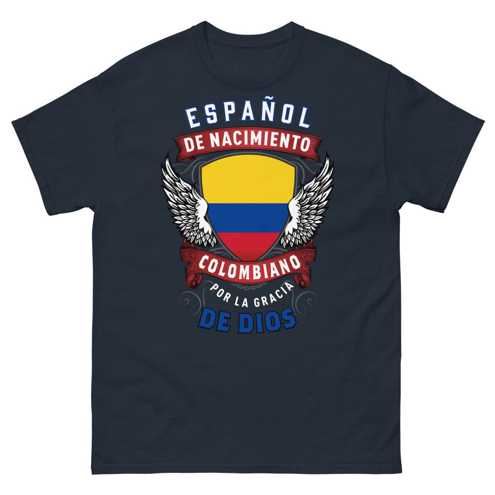 T-shirt Espagne Colombie bleu marine - Español de Nacimiento, Colombiano por la Gracia de Dios