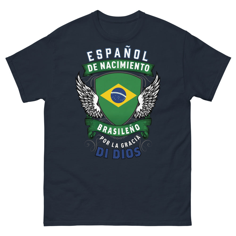 T-shirt Espagne & Brésil marine - Español por Nacimiento, Brasileño por la Gracia de Dios