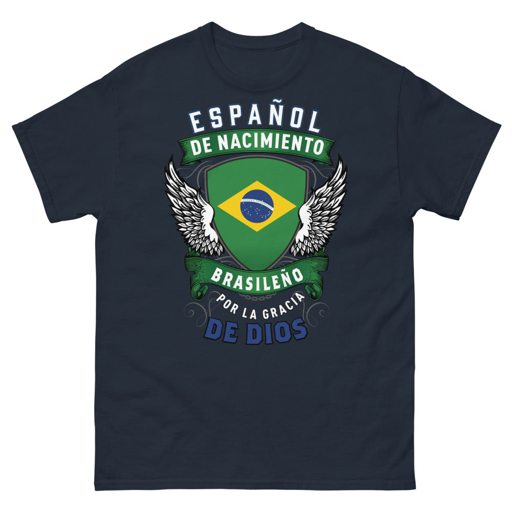T-shirt Espagne Brésil bleu marine - Español de Nacimiento, Brasileño por la Gracia de Dios
