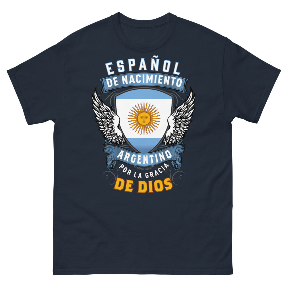 T-shirt Espagne & Argentine bleu marine - Español de Nacimiento, Argentino por la Gracia de Dios
