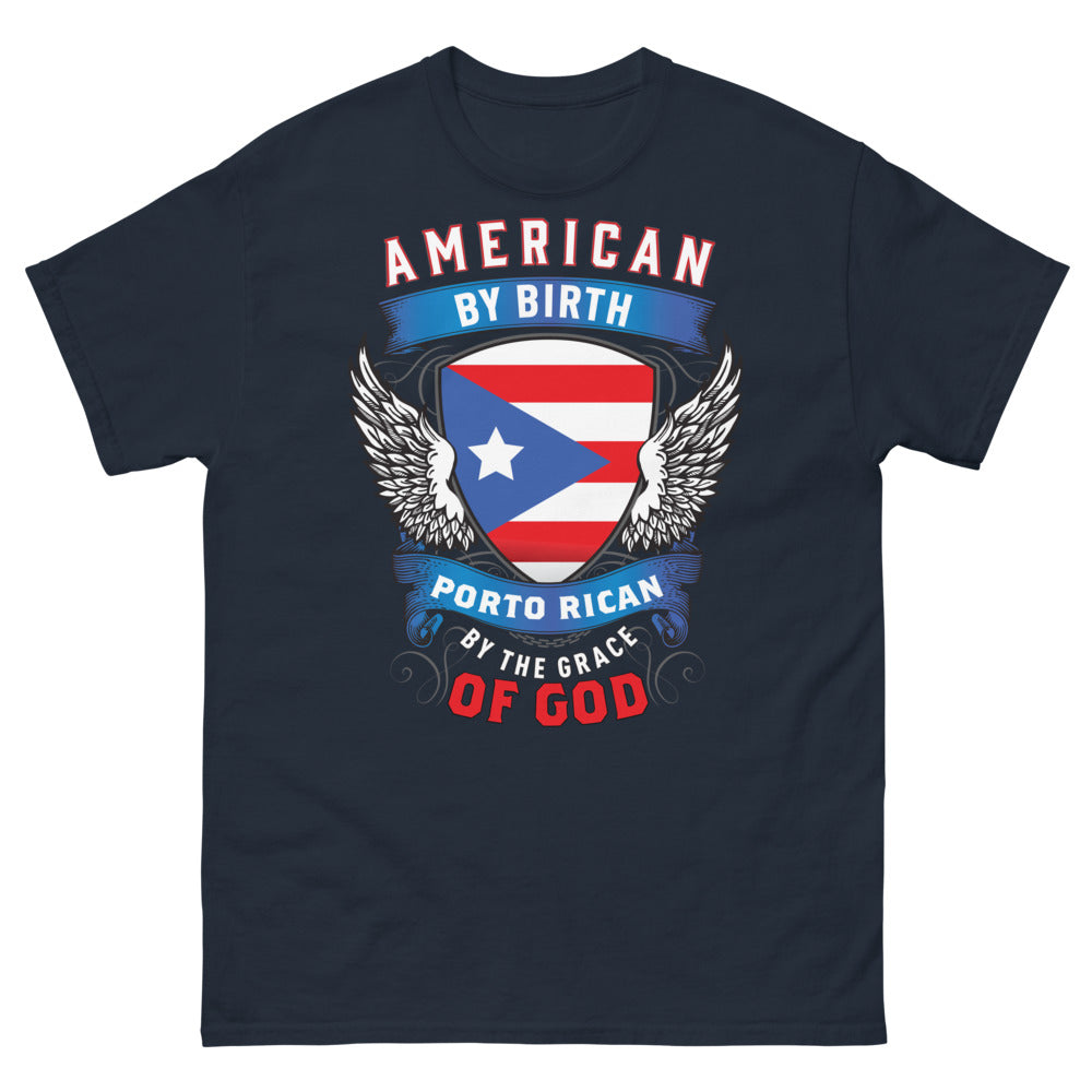 T-shirt Puerto Rico bleu marine - American by Birth, Puerto Rican by the Grace of God