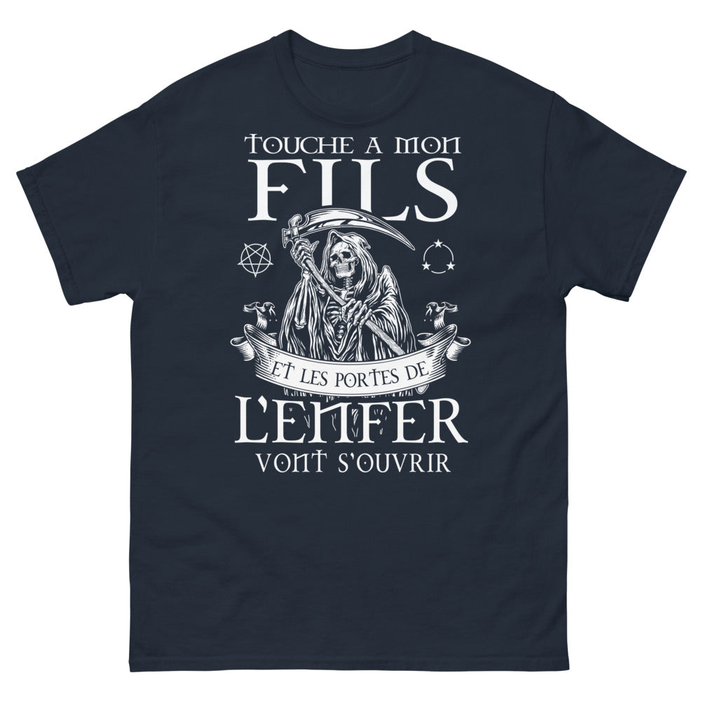 T-shirt humour noir parents marine - Touche à mon fils, portes de l'enfer