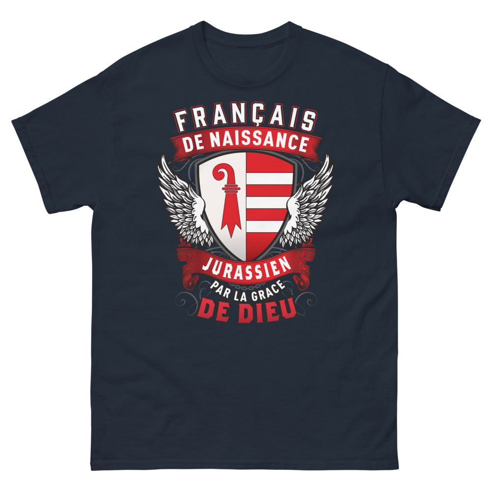 T-shirt Jura bleu marine - Français de naissance, Jurassien par la grâce de Dieu