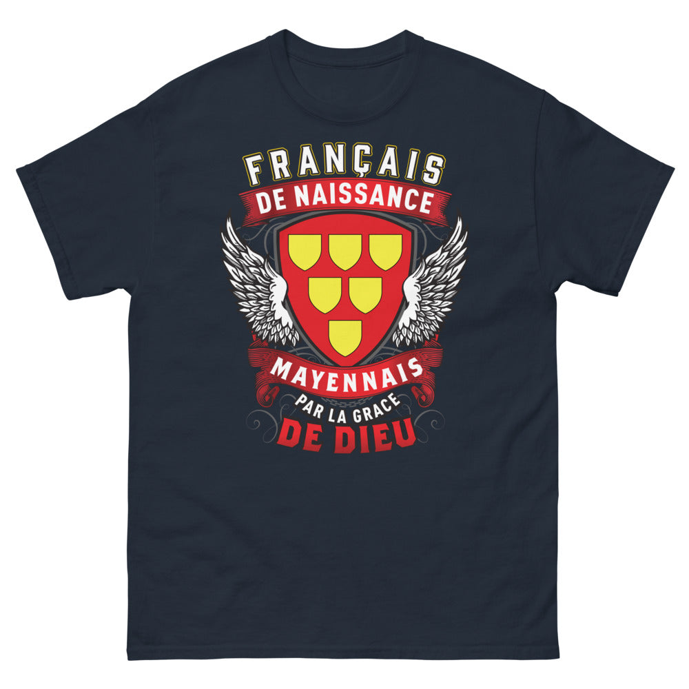 T-shirt Mayenne bleu marine - Français de naissance, Mayennais par la grâce de Dieu