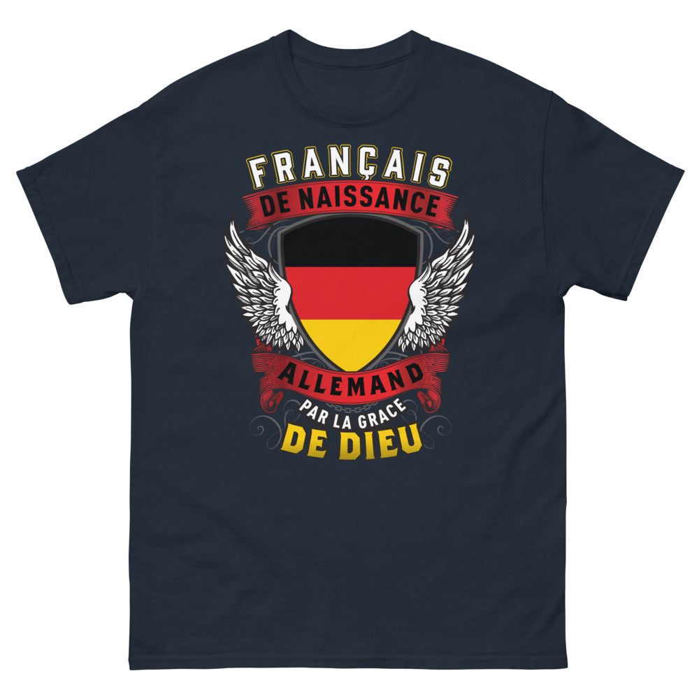 T-shirt franco-allemand bleu marine - Français de Naissance, Allemand par la Grâce de Dieu