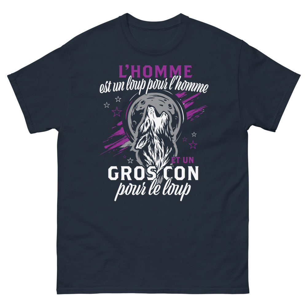 T-shirt humour sombre bleu marine - L'homme est un loup pour l'homme, un gros con pour le loup