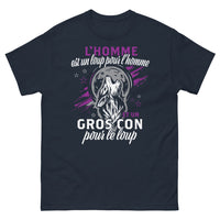 Thumbnail for T-shirt humour sombre bleu marine - L'homme est un loup pour l'homme, un gros con pour le loup