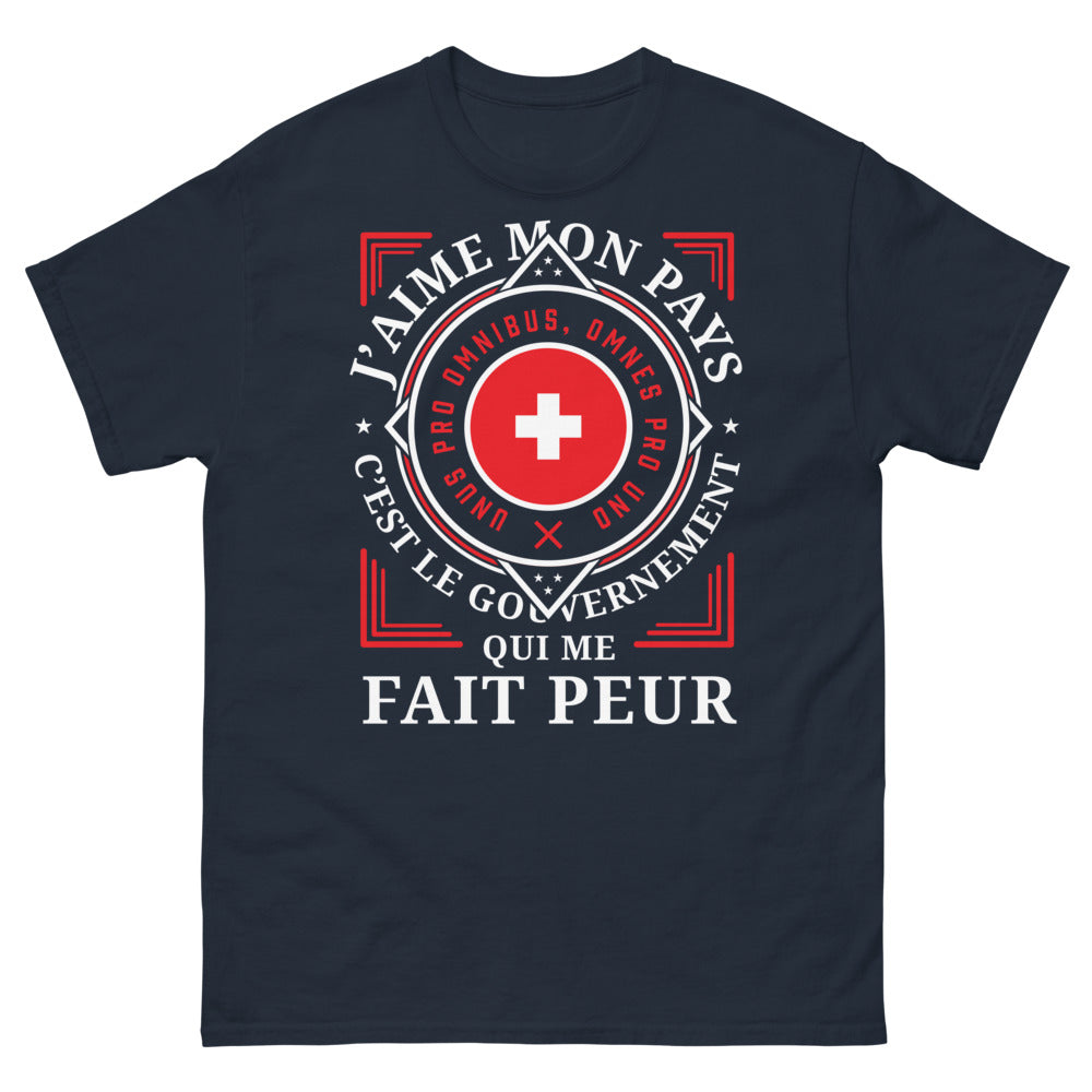 T-shirt politique bleu marine - J'aime mon pays, peur du gouvernement
