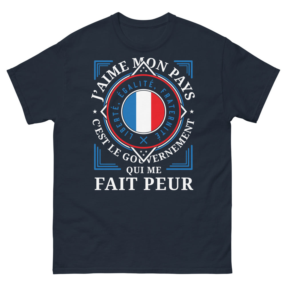 T-shirt France marine - J'aime mon pays, c'est le gouvernement qui me fait peur